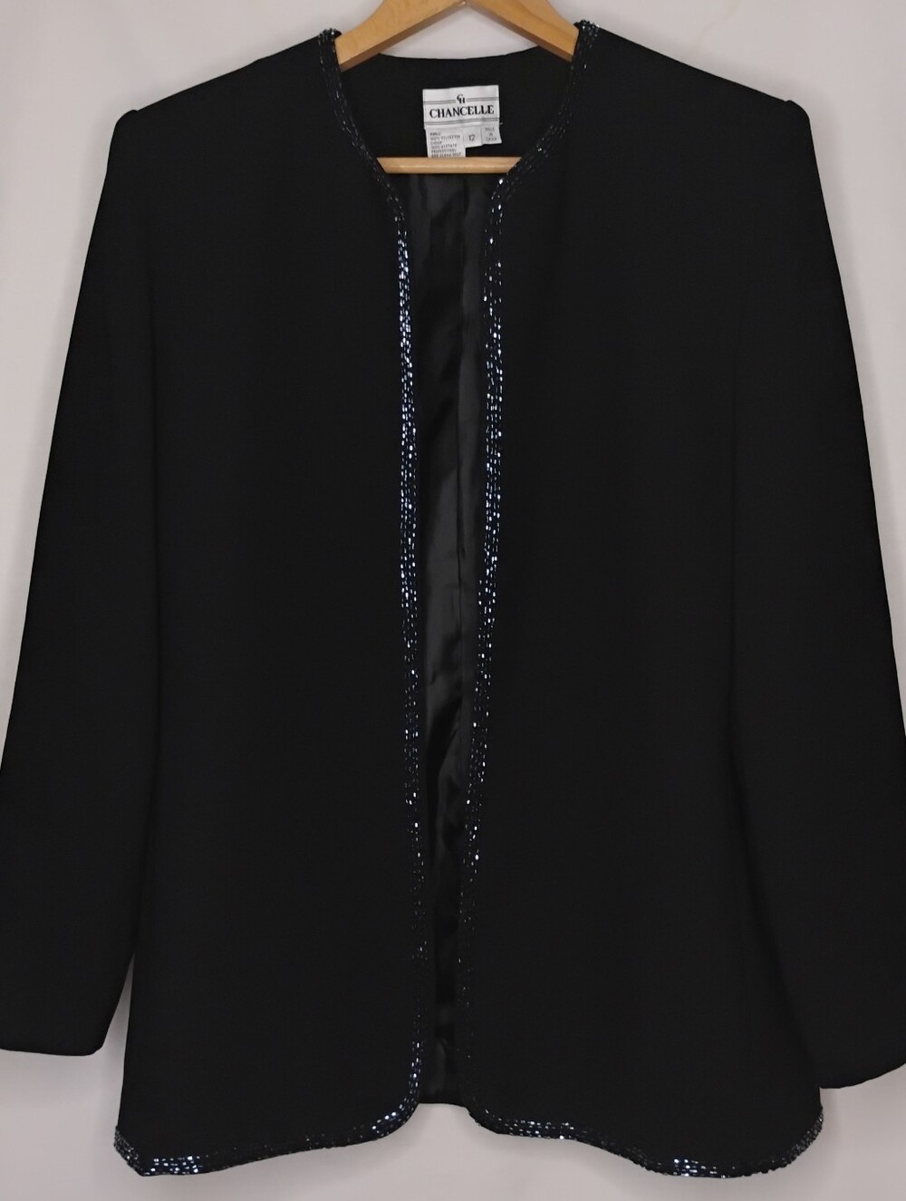 Women's Size 12 Chancelle Blazer Black Sports Coat Navy Blue Beaded Open Front L